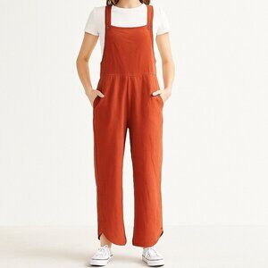 Rust Red Linen Blend Wide Leg Overalls Jumpsuit Pockets Size Large Casual